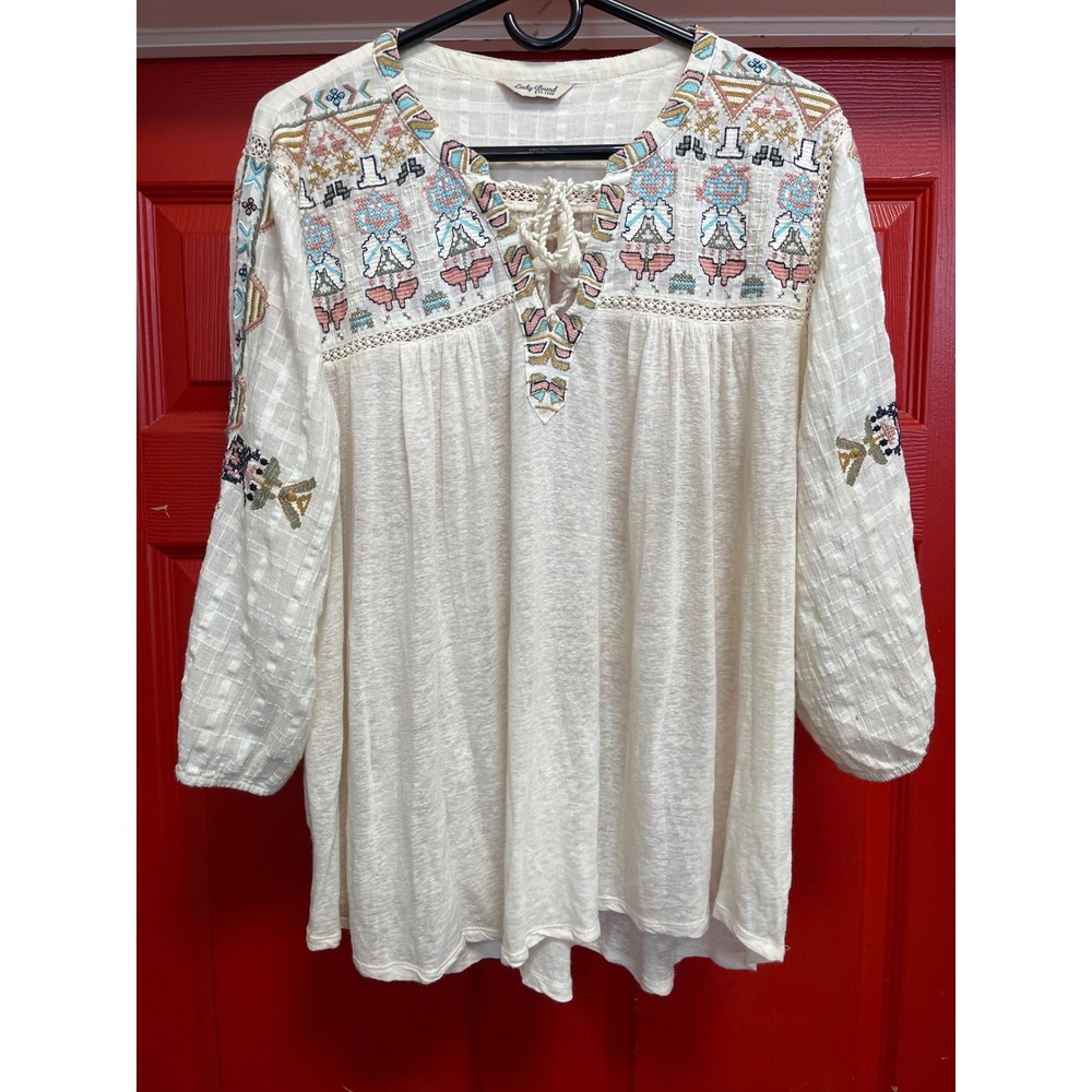 Lucky Brand White Embroidered Peasant Top Boho Tassel Blouse L